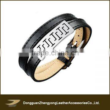 Engraved Metal Plate Leather Cuff Bracelet