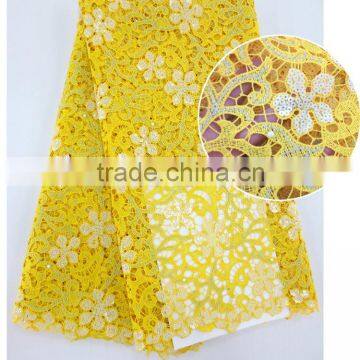 Yellow sequins cord lace african guipure lace design with pearls and stones for girls dress