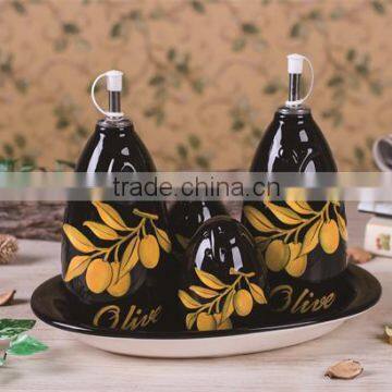 Black Ceramic Salt Pepper Oil Vinegar Cruet Set with Black Tray