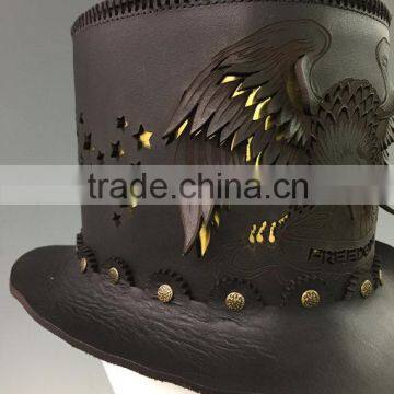 Black Leather Victorian Corset Style / Steampunk / Gothic / Emo Style Top Hat w. Solid Metal Bat Badge photo-4