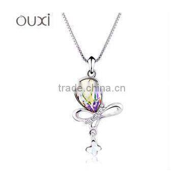 OUXI Rhodium Plated Bow Charm Necklace made with crystal 10308