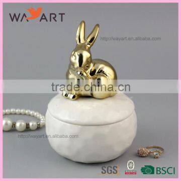 Cute Round Shaped Ceramic Keepsake Box Wholesale With Rabbit