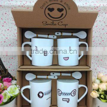 Hot sale ceramic gift mug Fine porcelain promotion smile mugs porcelain custom printed coffee mugs with spoon