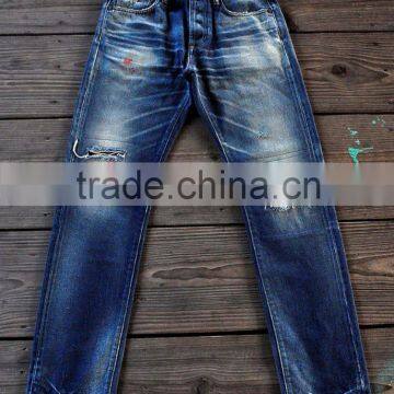 Custom High quality vintage wash distressed Japanese selvedge jeans denim selvedge denim jeans (LOTV008)