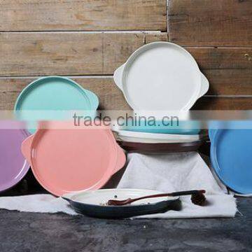 9'' Ceramic round bakeware with ear handle ceramic cake bakeware with handle breakfast ceramic tray