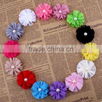 handmade chiffon flower with pearl beads center for kids hair accessories for baby girl