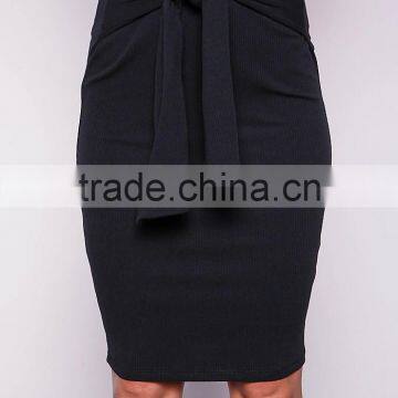 Bulk Price Fashion Design Ribbed Bodycon Midi Skirt For Women With Black Tied Front Fashionable Clothes photo-2