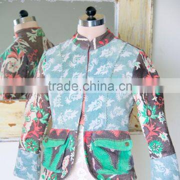 Vintage Kantha Jacket in Dirty Green & Brown ~ Small photo-3