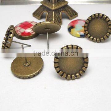 10-14mm Antique Bronze Curled Edge Ear Studs Blank Base Cabochon Bezels Setting Round Earring Tray