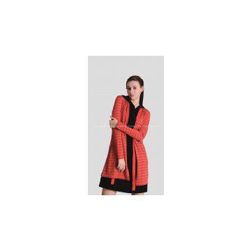 women/lady\\\'s elegant red merino wool long cardigan/wtih lght yellow stripes