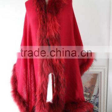 fashion cashmere shawl with real fox fur strim handmade long luxurious cape