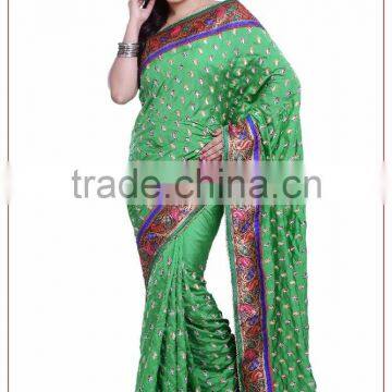 Green color Silk Lace,Moti,Resham work Saree