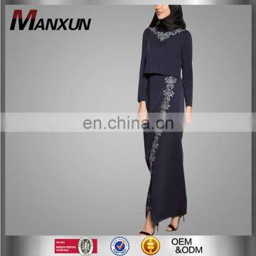 Hotsale Elegant Malaysia Baju Kurung Wholesale Aabaya Fashion Muslim Dress Navy Embroidery Baju Kurung