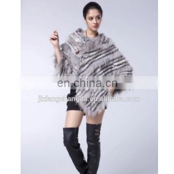 Knitted Chinchilla rabbit fur poncho with raccoon fur trim