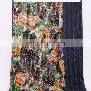 Indian Beautiful Black Paisley Design Kantha Quilt Bedspread Throw Cotton Queen Size Blanket