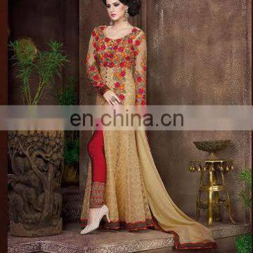 Party wear beige elegant suit with embroidery for women