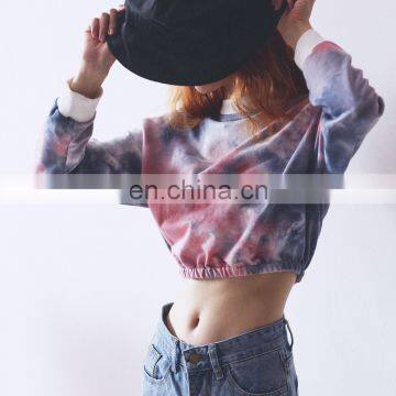 OEM Custom logo sexy fashion 2020 tie dyed long sleeve crew neck rainbow pullover crop top sweatshirt