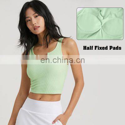 New Arrival Ribbed V Neck Half Fixed Pads Sports Yoga Crop Tank Top Sleeveless Women Workout Fitness Gym Wear Running Vest