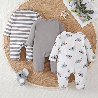 3pcs Newborn Baby's Solid Color + Cartoon Koala Pattern Long Sleeve Footed Romper, Toddler & Infant Boy's Bodysuit Set For Spring Fall photo-2
