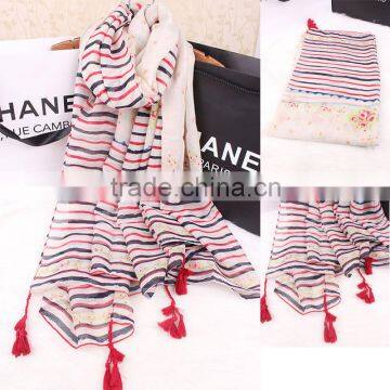 2016 Summer The Navy Style Colorful Stripe Print Women Silk Scarf with Fringes                        
                                                Quality Choice