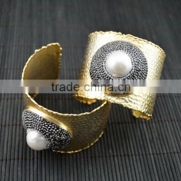 LFD-B007 ~ 24k Gold Pave Rhinestone Crystal Bangles , Pearl Cuff Bangle Bracelets Jewelry Finding