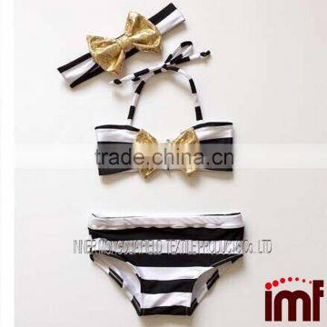 Children's Swimsuit Girls Gold Bows Stripe Bikini Swimming Trunk Headband 3pcs Sets