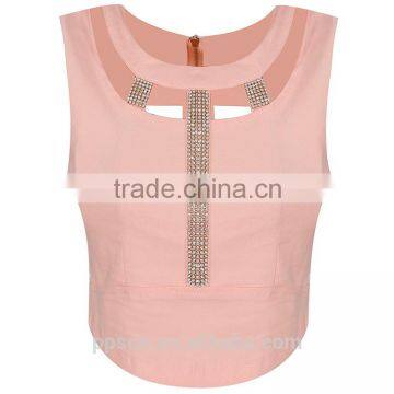 Fashion latest design knit crop top zip pink sexy ladies sexy tops for women