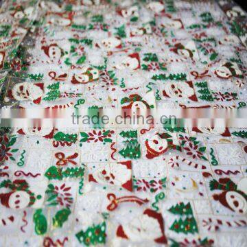 printed Santa Claus and Christmas tree organza fabric with glitter for christmas decoration