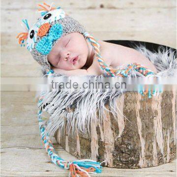 Bowtie Crochet Owl Hat - Gray, orange and teal - Photography Prop - 0-3 months size - Made to order