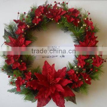 2015 new christmas artificial poinsettia and berry wreath red 24 inch christmas artificial pine flower decoration