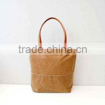 tan waxed canvas tote bag with zipper and leather handles canvas leather tote bag fashion tote bag shopping tote bag