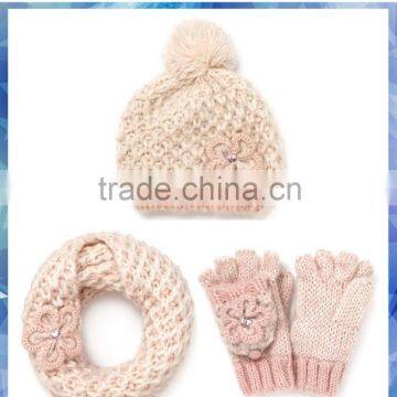 100% acrylic pink flower crochet knitted hat scarf glove set for young girls