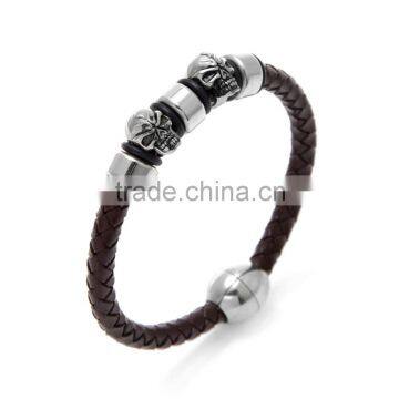 High Quality Brown Braided Leather Bracelace for Men Magnetic Clasp Leather Bangle Rope With Skull photo-3