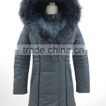 womens polyester memory twill fabric faux down filled coat with fur hood