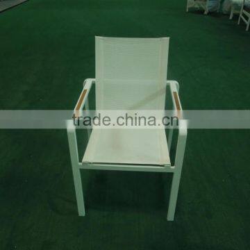 2015 new arrival high quality teak armrest,white fabric stackable chair