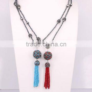 Pave Crystal Round Bead with Crystal Glass Tassel Pendant Necklace, Hematite Beaded Necklace