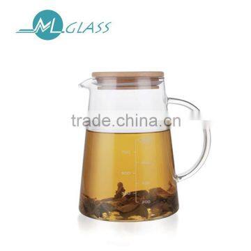 Made in china 1200ml pyrex glass teapot glass tea pot tea kettle with measurement scale wooden lid handmade glassware