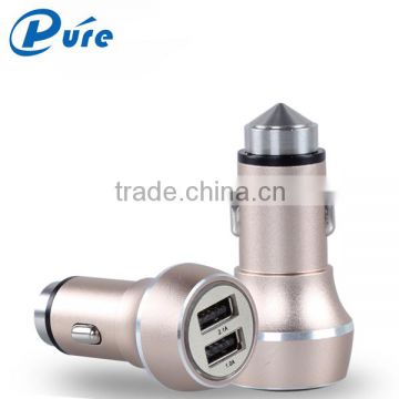 Fast charging safety hammer aluminum dual car charger for mobile iphone