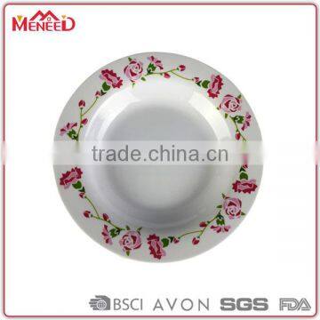 China Manufacturer round deep dinner dishes, rose printing hand made plastic plates