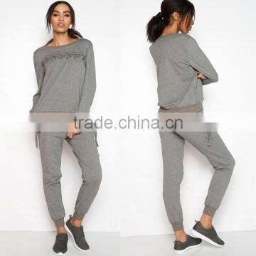 Urban Fashion Tracksuit Female Cheap Custom Grey Plain Latest Design Blank Fitted Sports Womens Tracksuits With Cross Details