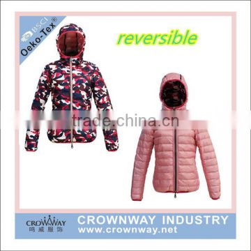 reversible women down feather jacket with custom printing