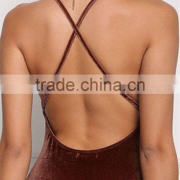 MGOO Fashion Factory Made Cross Strap Velvet Bodysuits Custom Deep V Neck Bloues Tops Sleeveless Custom photo-4