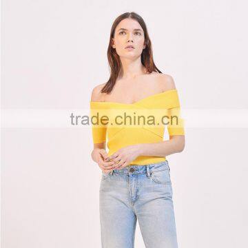 Elasticated Knit Crossover Shape V-neck Short Sleeves Strapless Tank photo-3