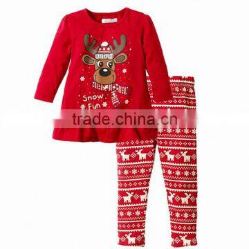 Factory wholesale red Christmas girl snow reindeer applique set fashioned baby clothing