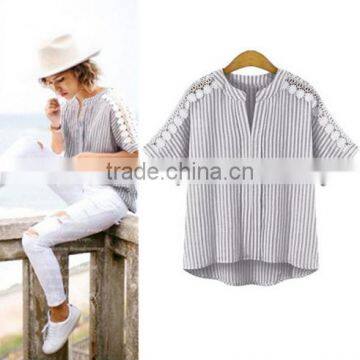 European station 2017 new large size women's striped shirt stitching short-sleeved t-shirt cotton and linen jacket