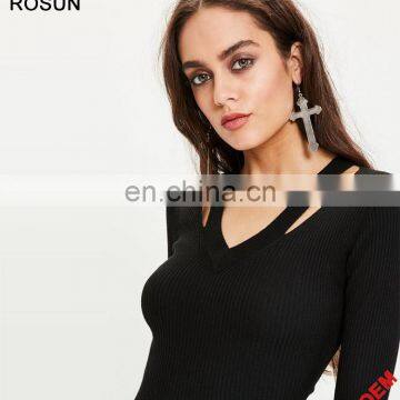 ROSUN China Factory OEM Cut Out V Neck Ribbed Midi Sweater Dress