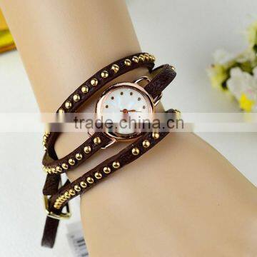 2015 Hot sale Leather Bracelet Watch with diamond with good quality with Mushroom Nail