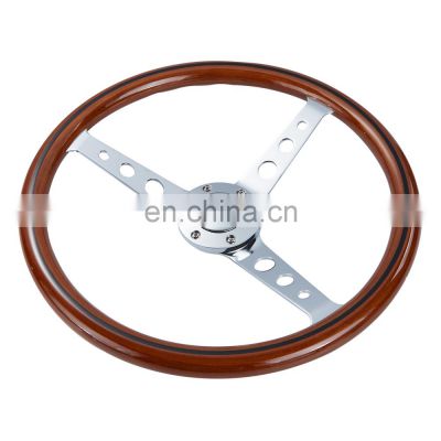 Real Wood Grain Chrome Spoke Steering Wheel, Universal 380mm 15'' Classic Real Wooden Steering Wheel