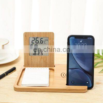 Three in one bedside table wireless charging station planner pad ipad holder temperature and humidity weather clock bamboo set