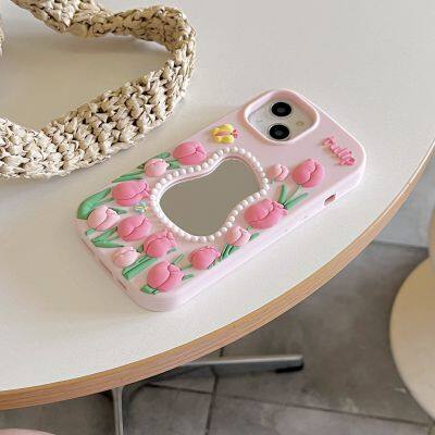 Pink Tulip Mirror Silicone Case IPhone 15 14 13 Pro Max Shockproof Case Back Cover photo-3
